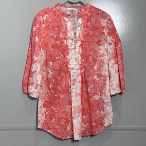 Liz Claiborne New York Pink Watercolor Floral Pleated 3/4 Sleeve Tunic Top XXS
